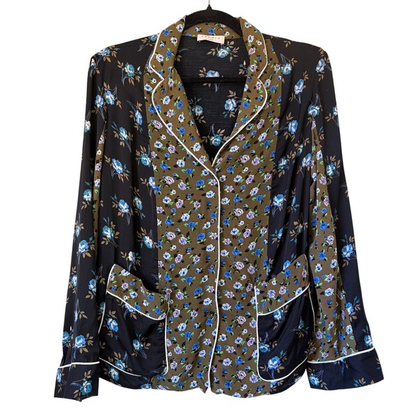 Sandro Tops - Sandro Paris Crepe & Satin Noisette Floral Blouse In Black Blue l sz 1 Sm